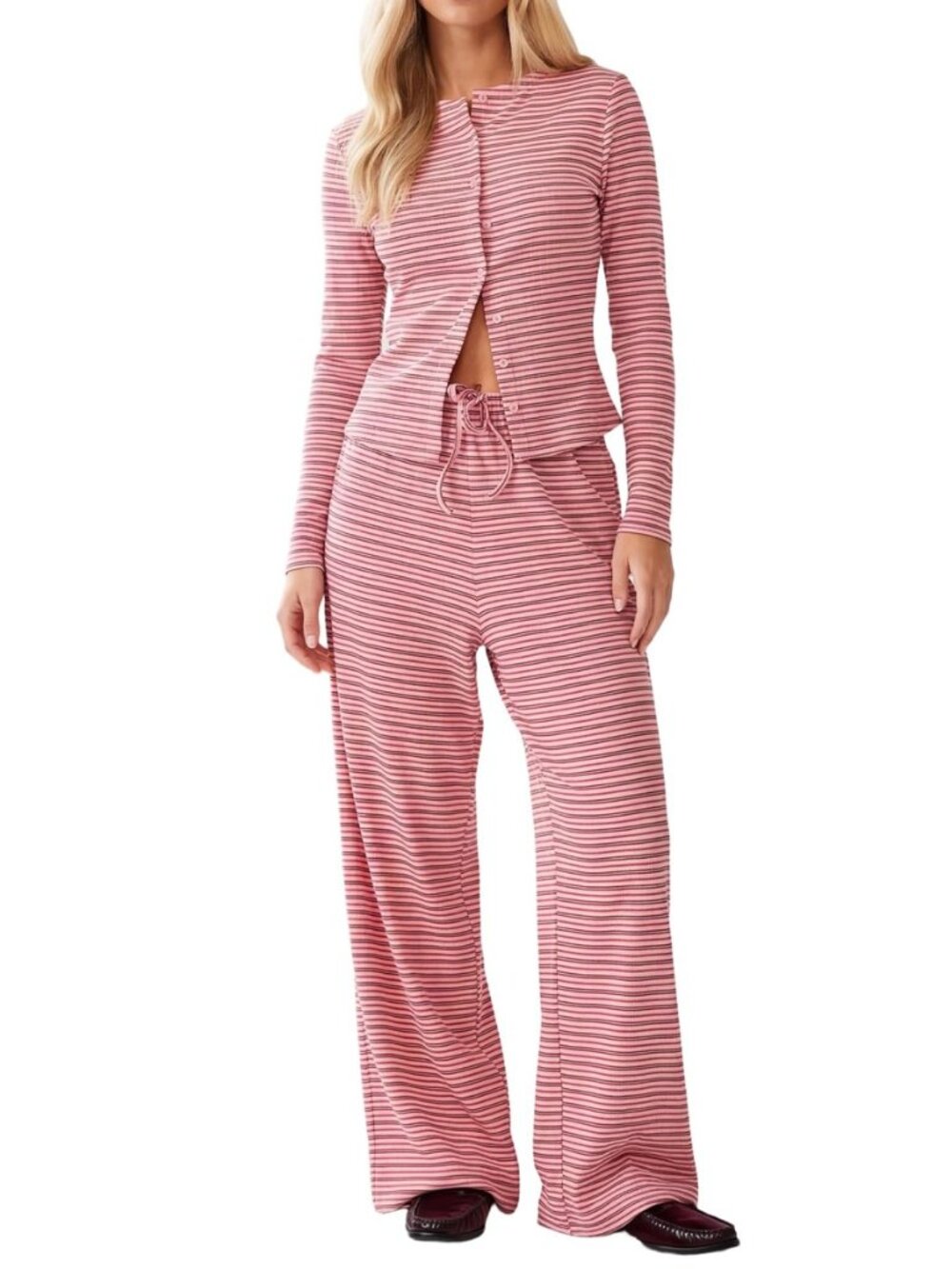 Womens 2 Piece Striped Lounge Set Long Sleeve Button Down Wide Leg Pants